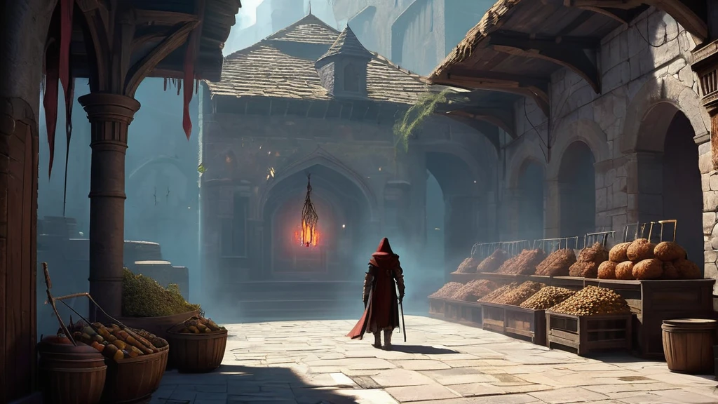 As the first light of dawn filters through the ancient spires and narrow alleys of Greyhaven, the bustling medieval market awakens from its nocturnal slumber. Nestled within the shadow of the towering citadel, stalls adorned with faded banners and flickering lanterns come to life with an array of exotic wares and mysterious artifacts, their origins obscured by the veil of time and whispered rumors.

Amidst the cobblestone streets, merchants with weathered faces and eyes that gleam with unspoken secrets set out their goods—a labyrinthine tapestry of spellbound trinkets, potions brewed from rare herbs, and enchanted relics said to harness the power of forgotten gods. Hooded figures clad in cloaks of deep crimson and midnight black drift like phantoms through the throng, their presence evoking both awe and unease among the bustling crowds.

Against the backdrop of towering stone arches and weathered statues that bear witness to centuries of arcane rites, a young apprentice or a wandering minstrel arrives at the market. Drawn by tales of forbidden knowledge or driven by a quest for redemption, they navigate the labyrinthine alleys where shadows linger and whispers of ancient curses echo through the air.

Amidst the intoxicating scent of spiced meats and fragrant incense, they encounter a mysterious fortune-teller who offers cryptic glimpses into the future, a grizzled weaponsmith whose blades whisper of battles long forgotten, and a beguiling herbalist whose potions promise healing but demand a price too steep to pay.

As they weave through the market's tapestry of intrigue and deception, the apprentice or minstrel uncovers a web of alliances and rivalries that threaten to unravel the delicate balance of power in Greyhaven. They must navigate treacherous bargains with otherworldly beings, decipher cryptic prophecies that foretell of impending doom, and confront their own fears and desires amidst the all-encompassing darkness.

In a realm where magic flows like the curre