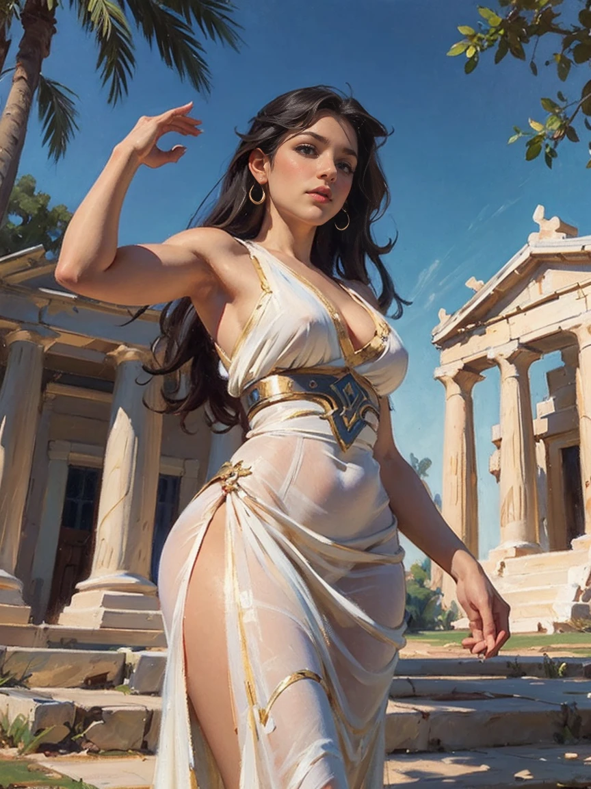 Greek godesse, greek temple, outdoor, in sky, olympus, erotic, lewd, 1 girl, beautiful waivy hair, sexy pose,(AOC:1.1), reveiling dress, curved, Wide hips, thick thighs, Oil Painting, classic, by sargent