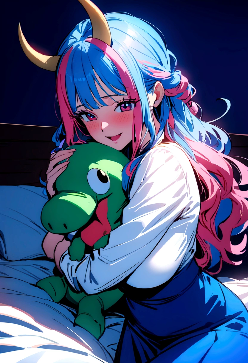 (masterpiece, Highest quality:1.4),Cinematic Light,colorful,High Contrast,(One girl),Alti OP,One Piece Anime,((Large Breasts)),Multicolored Hair,Long Hair,Blue Hair,Pink Hair,bangs,horn,Blue Skirt,High Waist Skirt,White shirt,Happy,[[Hug a stuffed dinosaur]],At the bed,