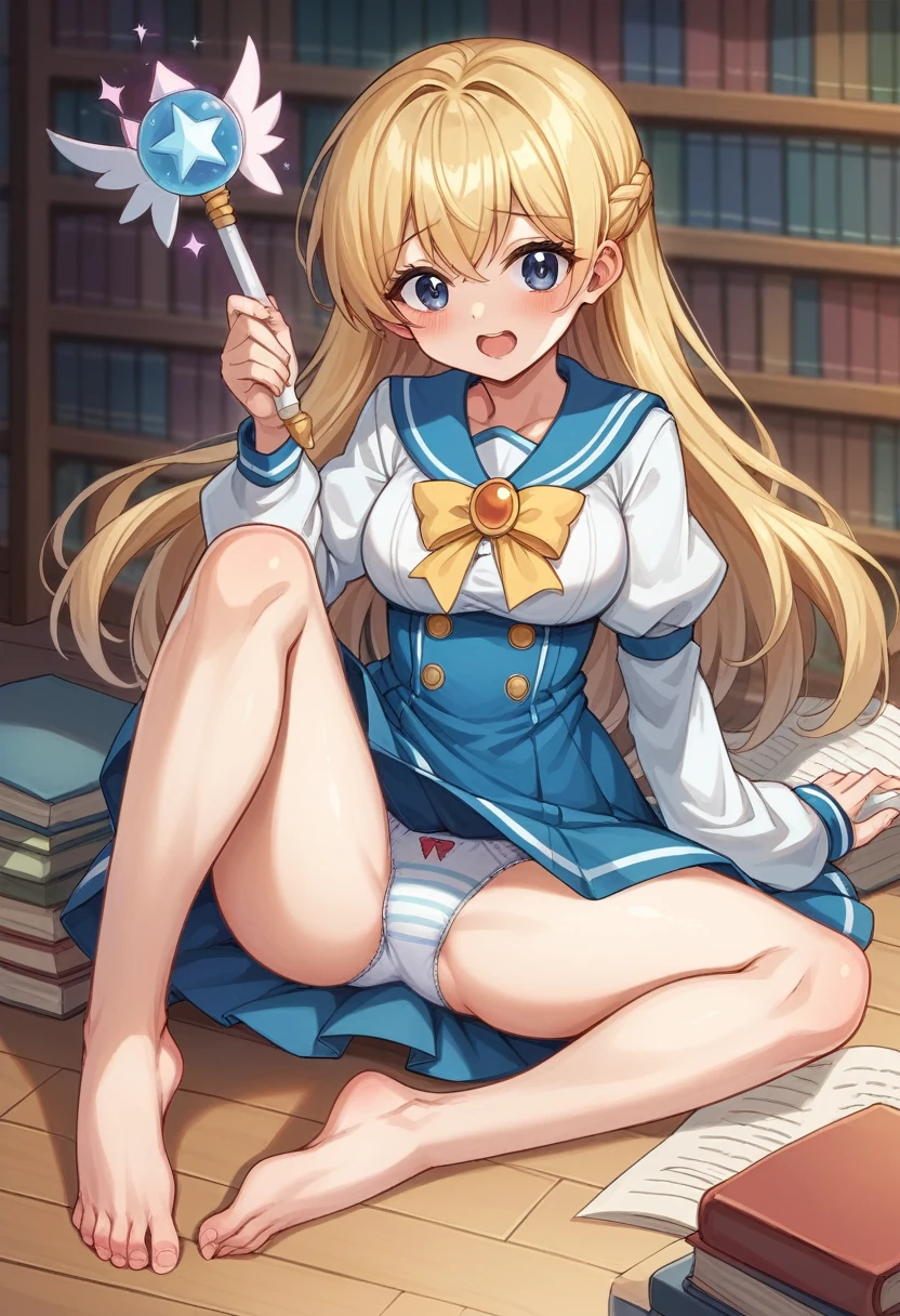Hanazawa Kana、Plain white with boobs highlightedTshirt、Ultramarine and white striped quatting and spreading her legs to show her underwear、When she squats down and lifts her skirt, her cute white frilly underwear is visible..、barefoot、library、Three girls of different heights Magical girl with a magic wand
