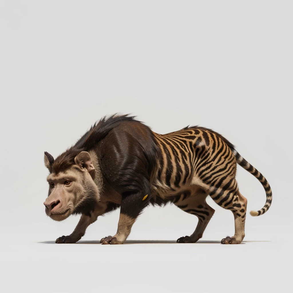 Big Animaly, has white stripes on his skin, yellow and red eyes, warthog mixed with monkey, Grassroots, no background
