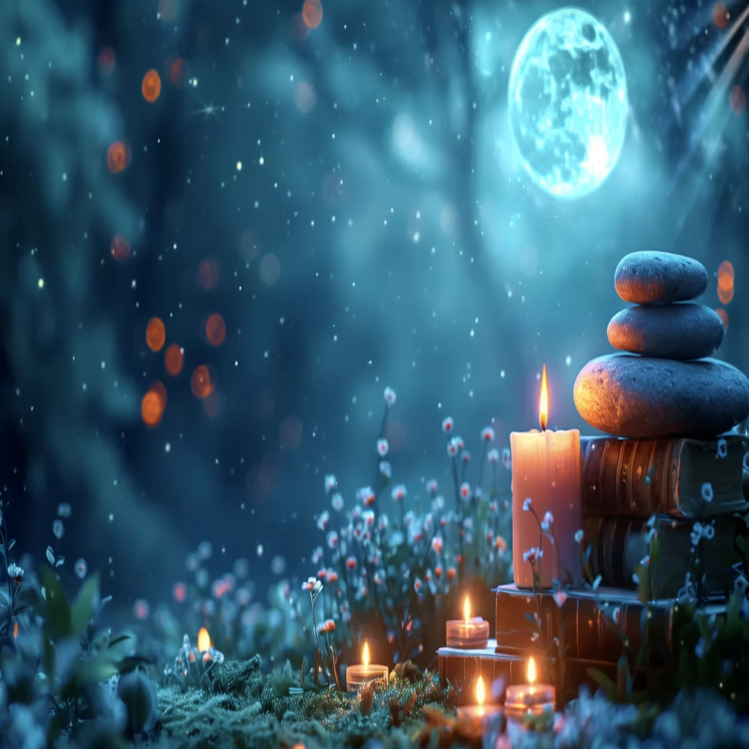 There is a candle and a stone on the table on the grass, night with Moon and candle, Moon and candle, Dreamy atmosphere of a moonlit night, Magic Background, Peaceful atmosphere, Magical atmosphere, soft Moonlight Illumination, Moonlight lighting, Candlelit, Background artwork, Relaxed atmosphere, Moonlight Illumination, Sweet Night Ambient, Candlelight, at night with moon light, Moonlight Background