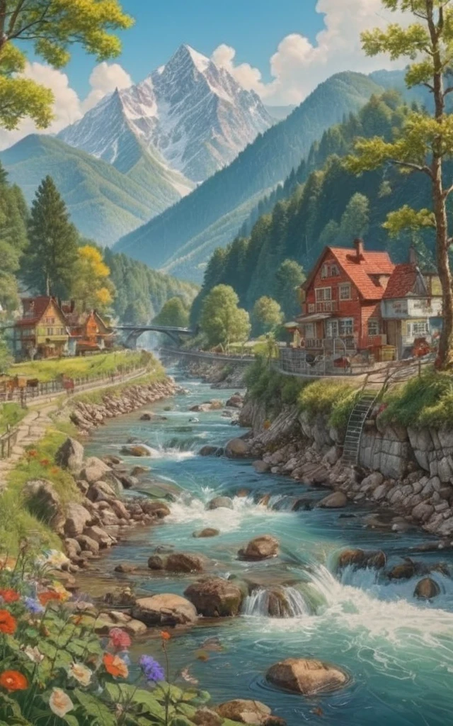 Beautiful river, mountain by Richard Scarry, (best quality, masterpiece, Representative work, official art, Professional, Ultra intricate detailed, 8k:1.3)