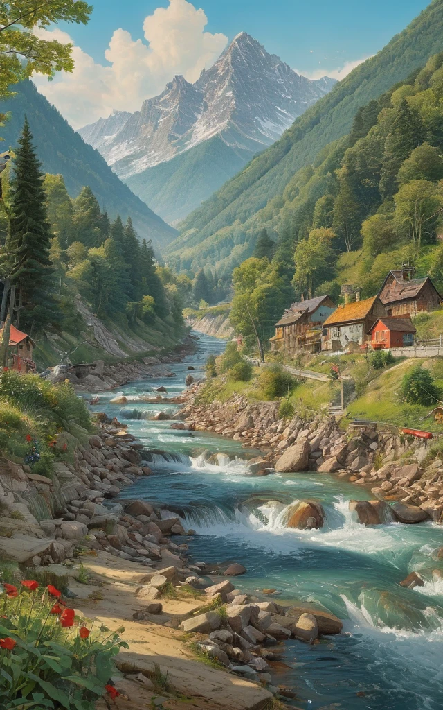 Beautiful river, mountain by Richard Scarry, (best quality, masterpiece, Representative work, official art, Professional, Ultra intricate detailed, 8k:1.3)