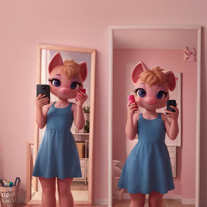 3D rendered illustration, A cute non-human pig character taking a selfie in front of a mirror. Big round eyes, Soft pastel pink skin, Small ears. Wearing a stylish mini dress. Modern Bedroom Background. cute aesthetics, Pixar Style, charming and adorable. Smooth texture, Soft lighting.