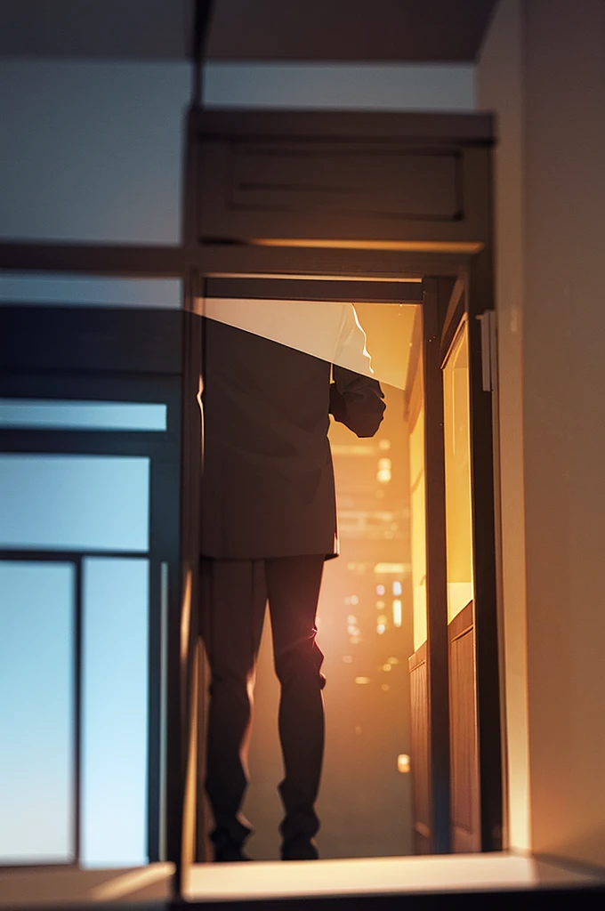 windowsill,dusk,One man and one woman,blurry shadow,Only outline,Standing face to face