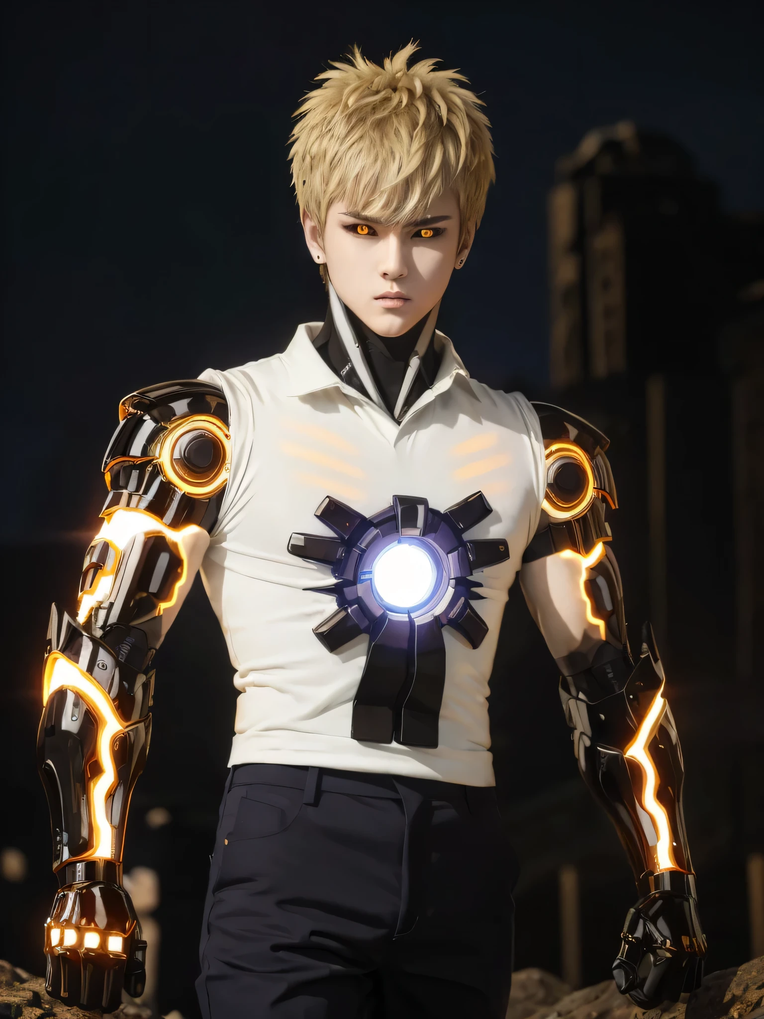 (masterpiece, best quality:1.4), colorful, high contrast, genos white shirt, sleeveless, black pants, mechanical arms, glowing, glowing eyes, glowing hand, standing, fighting stance,(ครึ่งตัว)