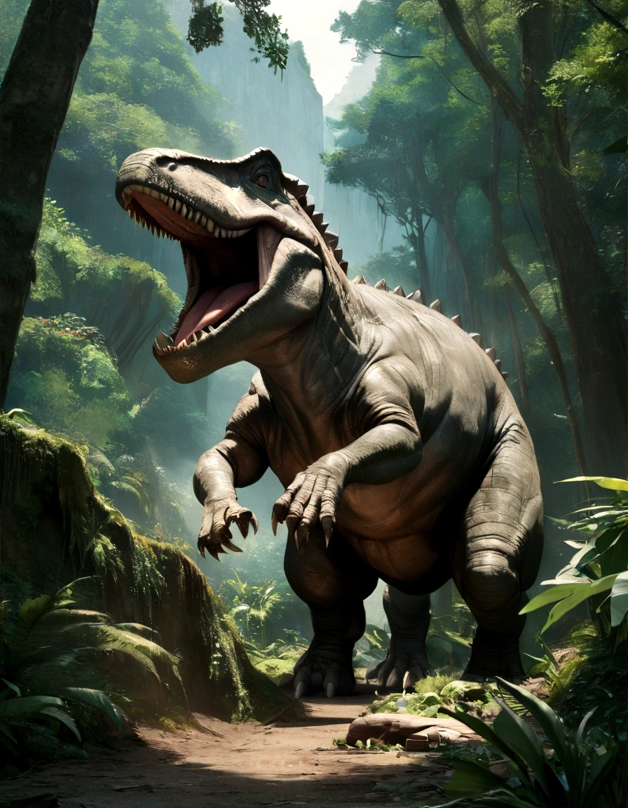 Small arms,masterpiece,live-action,4K,Real,Landscape,Tyrannosaurus,jungle,bark,huge,Ancient,Reality,Open your mouth,So that I can see your face