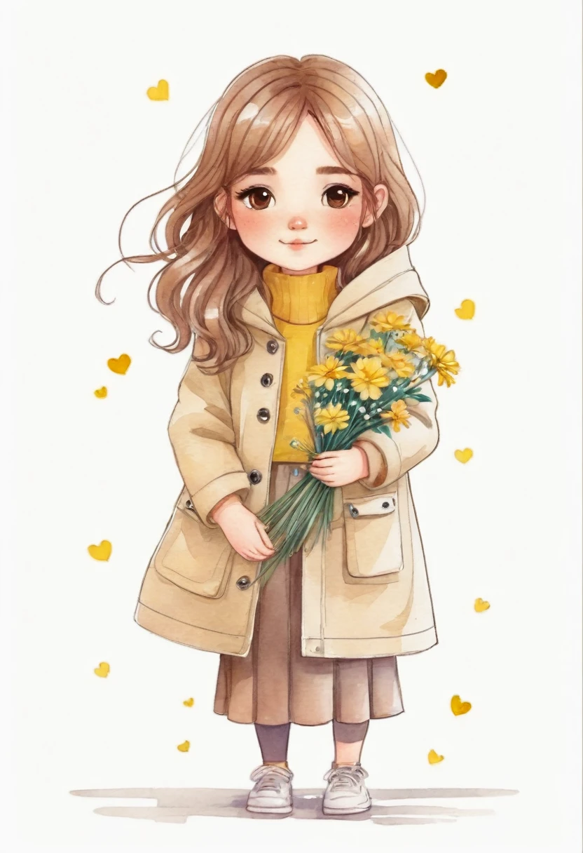 watercolor style of a drawing of a girl with long hair and a coat holding flowers, cute illustration, cute art style, infp girl, beautiful drawing style, wearing a hoodie and flowers, with flowers, yellow theme wavy hair, character cute anime style, illustration style, cute detailed art, anime style illustration, girl in raincoat, cute digital art, cute detailed digital art, cute cartoon style