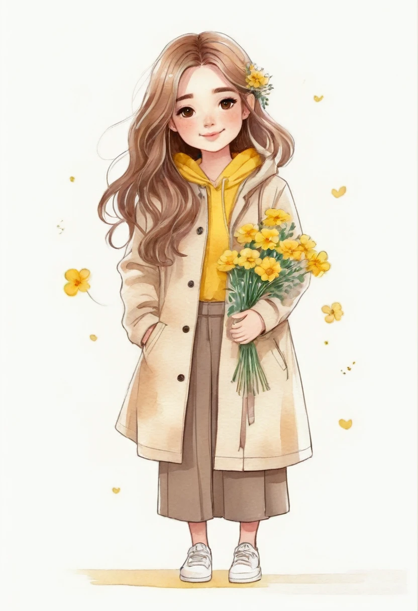 watercolor style of a drawing of a girl with long hair and a coat holding flowers, cute illustration, cute art style, infp girl, beautiful drawing style, wearing a hoodie and flowers, with flowers, yellow theme wavy hair, character cute anime style, illustration style, cute detailed art, anime style illustration, girl in raincoat, cute digital art, cute detailed digital art, cute cartoon style