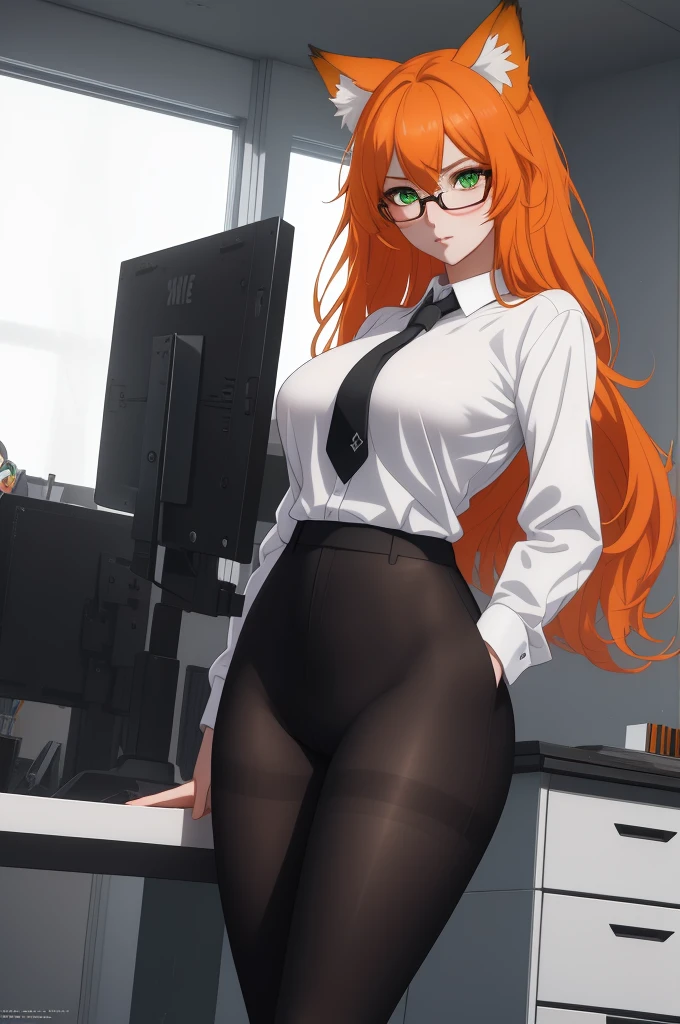 (masterpiece, Best quality), 8K, ultra detailed, realistic photo, Detailed face, perfect lighting, green eyes, bright orange hair, bright hair, fox ears, nice legs, side photo, beautiful, Cute, skin pores, 1 girl, perfect shirt, fully dressed, beautiful women 30 years old, Beautiful proportions, Russian woman, Caucasian, European, Business lady, stunningly beautiful woman, mother, thick legs, show ass, big breasts, (Thin white shirt:1.4), thick, hot, (White Office Wear:1.4), tight pants, (wide hips:1.2), thick, (white Office pants:1.3), spread your legs, Legs open, full length, wide hips, Glasses, with long orange hair, standing on the beach near the ocean, green eyes detailed digital anime art, cat ear, anime girl with long hair, гладкое аниме cg art, anime girl with long hair, digital anime art, work in Guweiz style, Beautiful anime portrait, Photorealistic render of an anime girl, pantyhose, Beautiful anime girl, advanced digital anime art, guweiz на artstation pixiv HD UHD HQ