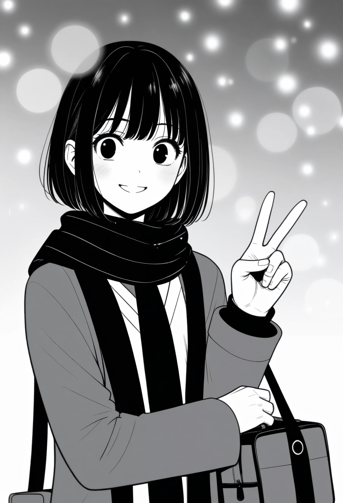 masterpiece, best quality, 1girl, mamerakkkkko, grayscale, manga style, japanese, chi no wadachi, black eyes, street, iced, black hair, schoolbag, smile, lineart, black coat, black scarf, black pleated skirt, leggins, centered, 18 years old, tall, fair skinned, bokeh background, streaming, bob cut, light particles, centered, snowing, (((v, perfect hand, detailed hand:1.1)), emotional anime scene, (very aesthetic, best quality, ultra detailed), intricate details

