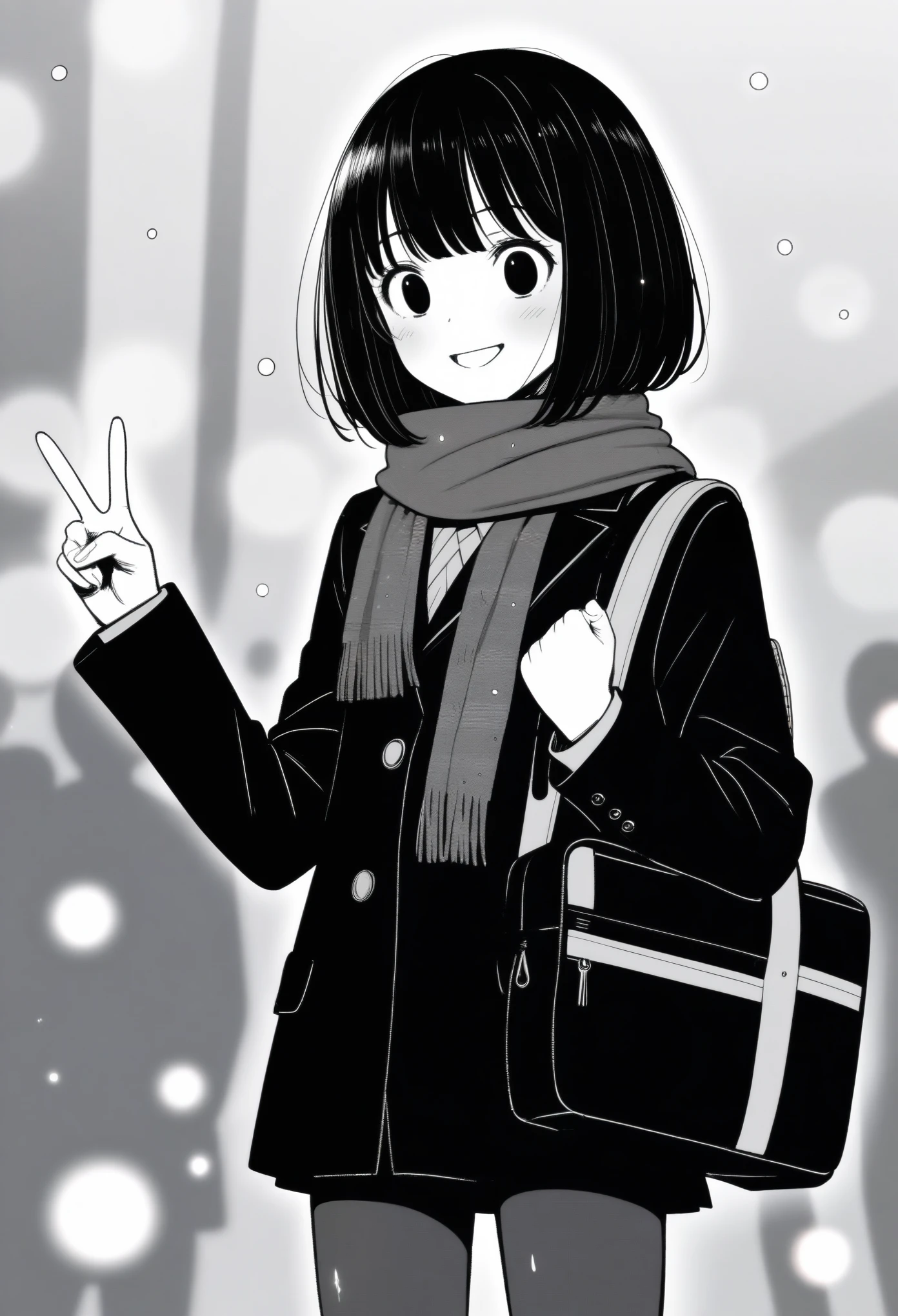 masterpiece, best quality, 1girl, mamerakkkkko, grayscale, manga style, japanese, chi no wadachi, black eyes, street, iced, black hair, schoolbag, smile, lineart, black coat, black scarf, black pleated skirt, leggins, centered, 18 years old, tall, fair skinned, bokeh background, streaming, bob cut, light particles, centered, snowing, (((v, perfect hand, detailed hand:1.1)), emotional anime scene, (very aesthetic, best quality, ultra detailed), intricate details
