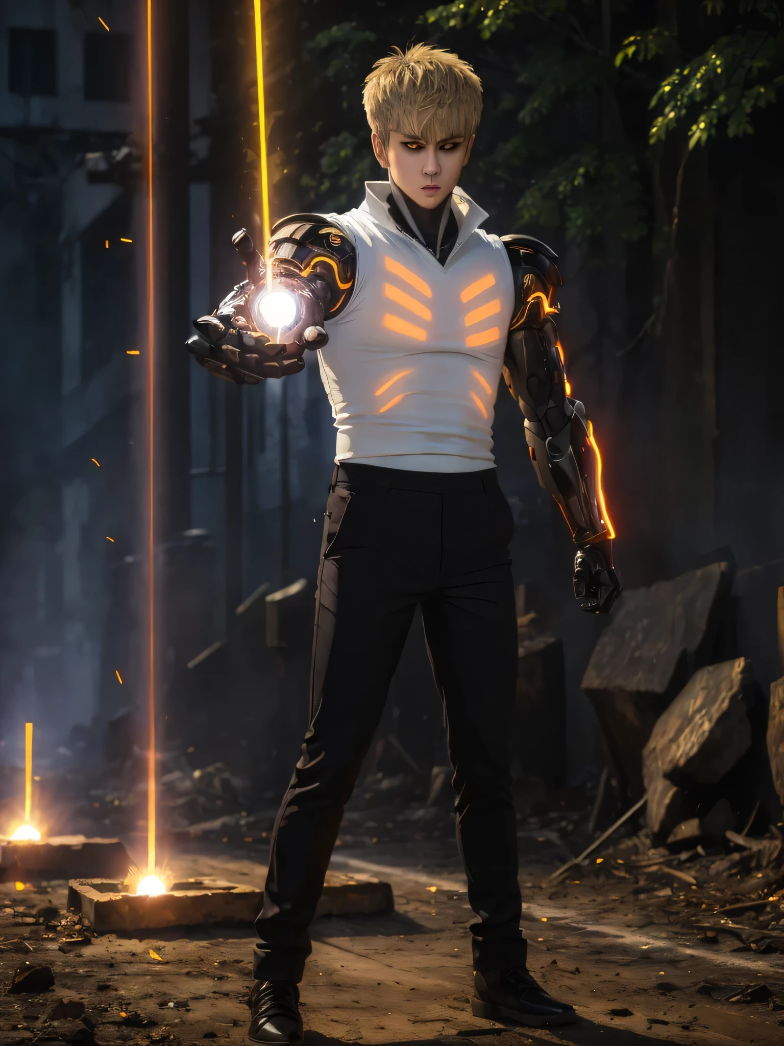 (masterpiece, best quality:1.4), colorful, high contrast, genos white shirt, sleeveless, black pants, mechanical arms, glowing, glowing eyes, glowing hand, standing, fighting stance,(ครึ่งตัว)