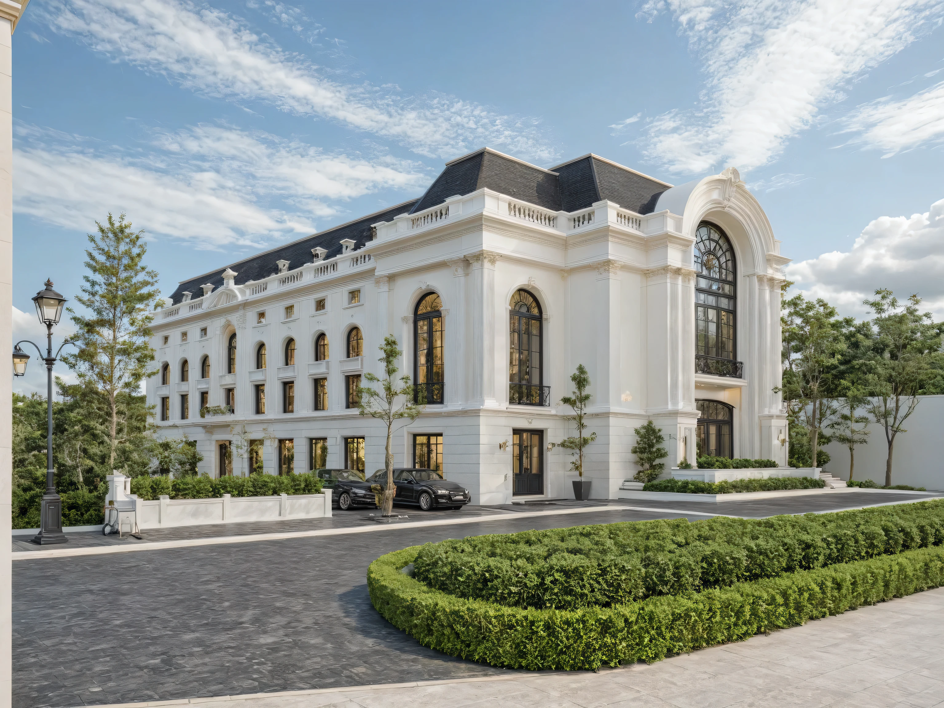 Architectural style Architectural style, clean white sky, natural lighting, ((Classic Style House)),(masterpiece) , ((best quality)), dramatic lighting, high quality outdoors, sky, day, cloud, tree, blue sky, building, scenery, road, real world location,  sunlight, enough detail, high resolution,super realistic, Photorealistic, highly detailed, balcony, plants, door, car, truck, parking slot, paving, . Clean lines, architectural drawing, highly detailed, Clean lines, geometric shapes, minimalist, modern, architectural drawing, highly detailed