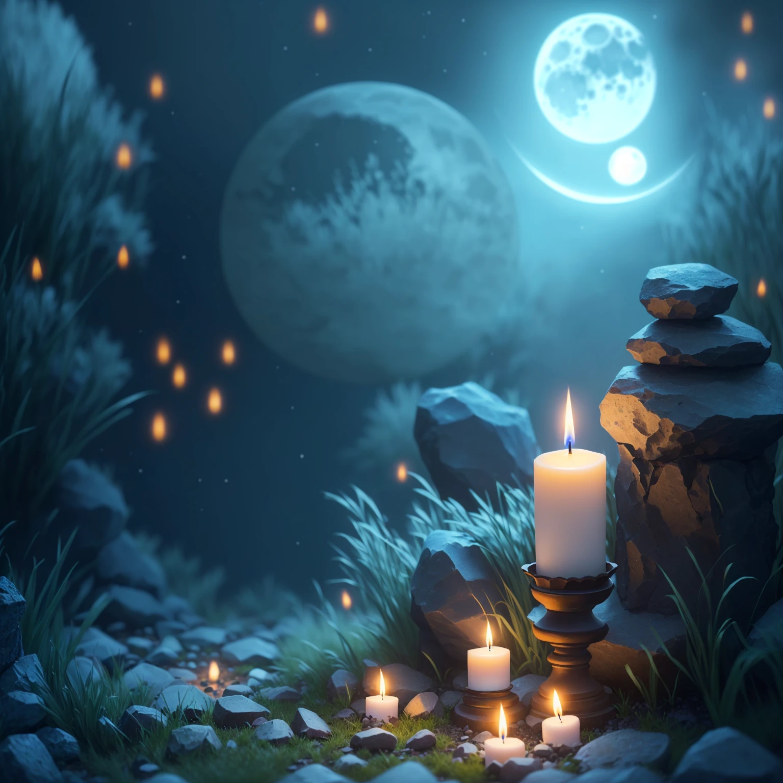 there are candles and rocks on a table in the grass, night with moon and candle, moon and candle, moonlit night dreamy atmosphere, magical background, peaceful ambience, magical atmosphere, soft moonlight lighting, moonlit lighting, lit with candles, background artwork, relaxing atmosphere, moonlight lighting, sweet night ambient, candlelit, at night with moon light, moonlit backdrop