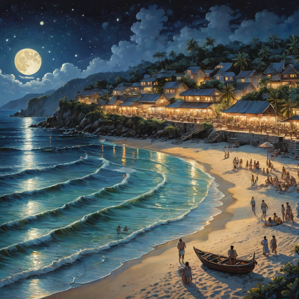beach, gathering, night, best quality, masterpiece, Representative work, official art, Professional, Ultra intricate detailed, 8k