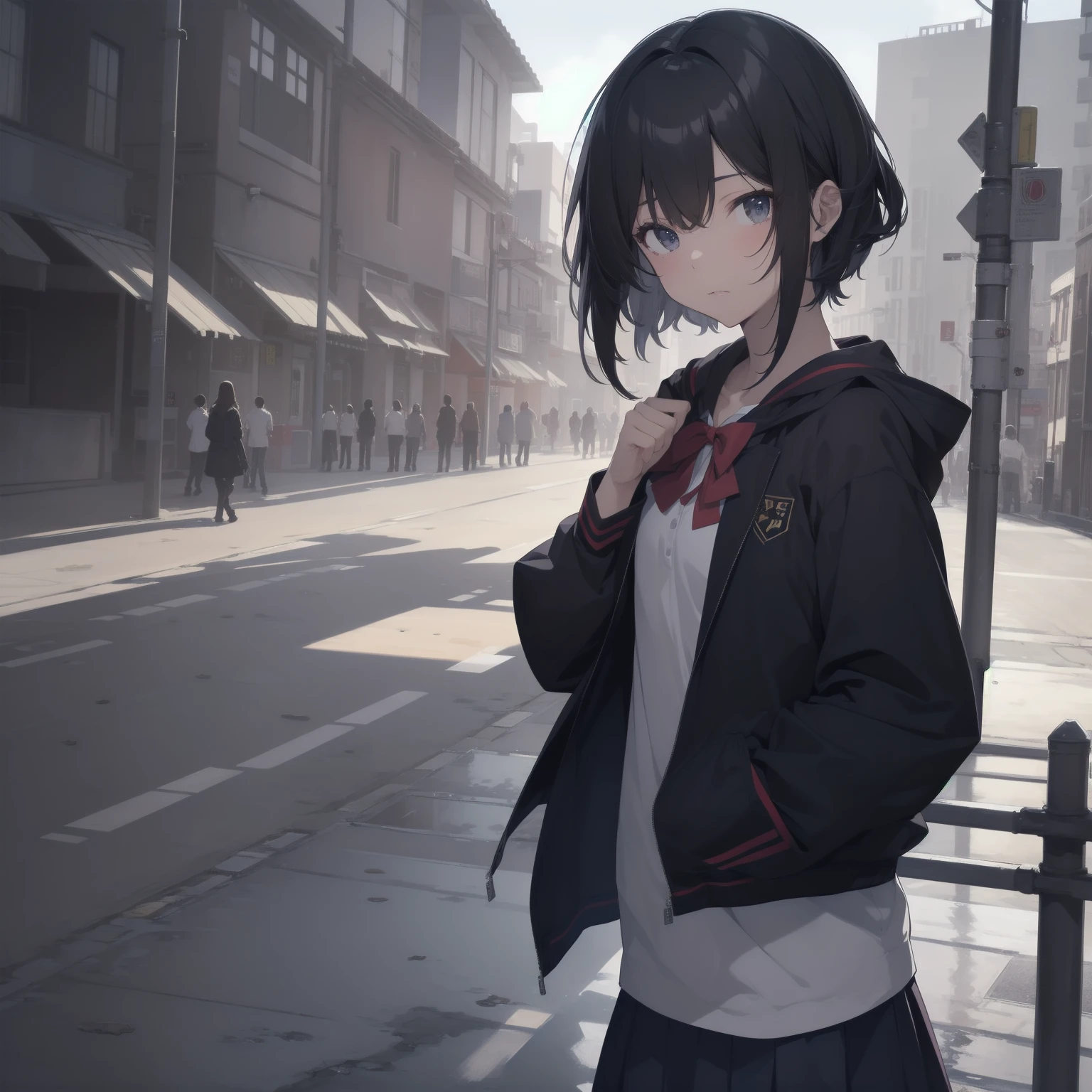 ultra-absurdres-Top quality by artist God, ultra-detailed, high resolution, anime moe artstyle, best anime 8k konachan wallpaper, pixiv contest winner, pool:2810, perfect anatomy,break, 1girl, (Please draw a girl walking sleepily to school alone. )break,(Solo,little female, 13-year-old:1.3),Full limbs, complete fingers,a junior high school student, (very short hair), short cut, flat chest, , small butt, small black eyes, beautiful detailed eyes, well-proportioned iris and pupils, expressive eyes, highres detailed hair, soft expression, salor school_uniform, sailor collar, serahuku, bow, pleated skirt,(Detailed Lighting), (Detailed background), in the School commute route. break,super detailed skin, Best cinematic lighting powered by famous artist, 8k,beauty illustration,photoshop_(medium),very aesthetic,break,((artist:sincos )), artist:clamp ,artist:carnelian ,artist:kantoku ,
