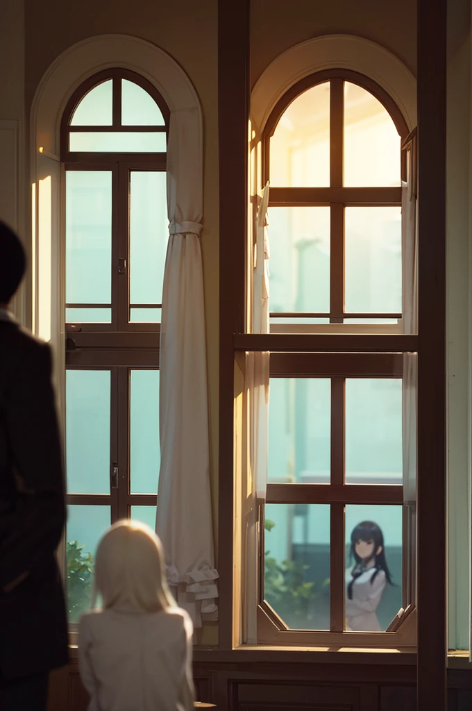 windowsill,dusk,A man and a woman stand face to face,blurry shadow
