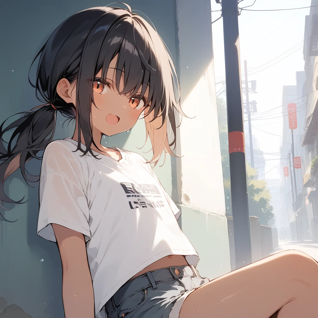 score_9, score_8_up, score_7_up, source_anime, best quality, masterpiece, official art, absurdres, highres, ultra-detailed,waifu2x,Collection: Slice of Life,break,1girl, tomboy, dark-skinned female, short hair, low ponytail, flat chest, beautiful detailed eyes, short shorts, sweat, open mouth, (yawn:0.3), sleepily, outdoors, wind, break,(clear line illustration:1.2),very high resolution, very aesthetic, super detailed skin, Best sexual lighting powered by famous artist, 8k,cute picture,beauty illustration,photoshop_(medium),,(Detailed Lighting),best anime 8k konachan wallpaper, pixiv contest winner,