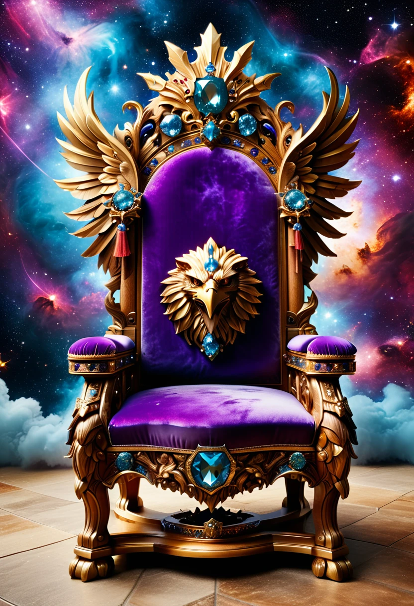 a picture of a massive epic throne, it has purple silk cushions, rubies, topaz, aquamarine gemstones artwork, the throne is epic in its majestic, power, and royalty, symmetric with many wood leonine carvings on the handle, a majestic bold eagle head carving on the top of the seat of the throne, there is and gem artwork, behind the throne there are stars and nebulas of space a sense of high royalty, nobility and magic , (masterpiece: 1.4) intense details, highly detailed, photorealistic, best quality, highres,16k, [ultra detailed], masterpiece, best quality, (extremely detailed), close up, ultra wide shot, photorealistic, RAW, fantasy art, dnd art, fantasy art, realistic art,((best quality)), ((masterpiece)), (detailed: 1.5), RagingNebula