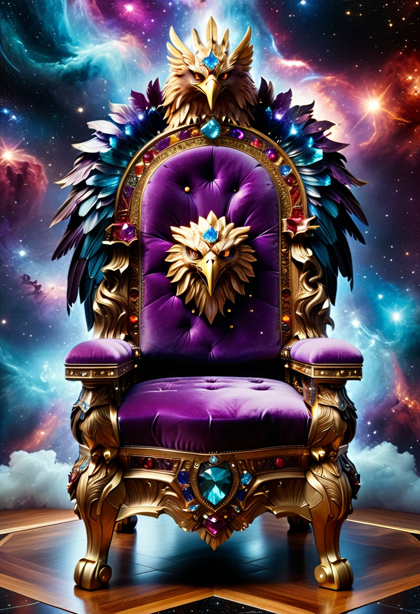 a picture of a massive epic throne, it has purple silk cushions, rubies, topaz, aquamarine gemstones artwork, the throne is epic in its majestic, power, and royalty, symmetric with many wood leonine carvings on the handle, a majestic bold eagle head carving on the top of the seat of the throne, there is and gem artwork, behind the throne there are stars and nebulas of space a sense of high royalty, nobility and magic , (masterpiece: 1.4) intense details, highly detailed, photorealistic, best quality, highres,16k, [ultra detailed], masterpiece, best quality, (extremely detailed), close up, ultra wide shot, photorealistic, RAW, fantasy art, dnd art, fantasy art, realistic art,((best quality)), ((masterpiece)), (detailed: 1.5), RagingNebula