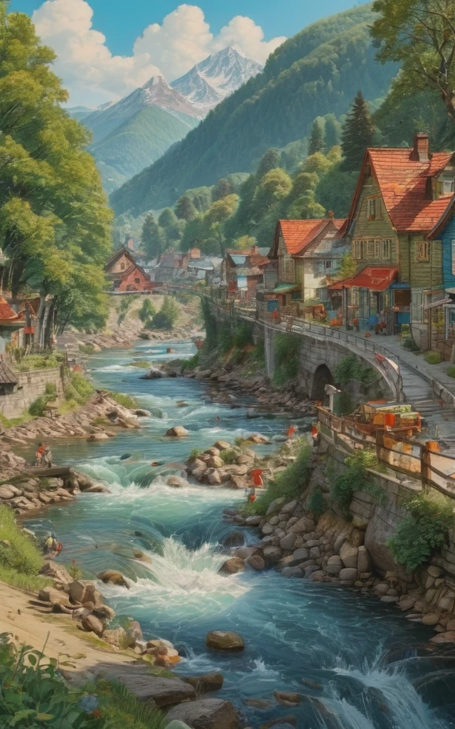 Beautiful river, mountain by Richard Scarry, (best quality, masterpiece, Representative work, official art, Professional, Ultra intricate detailed, 8k:1.3)