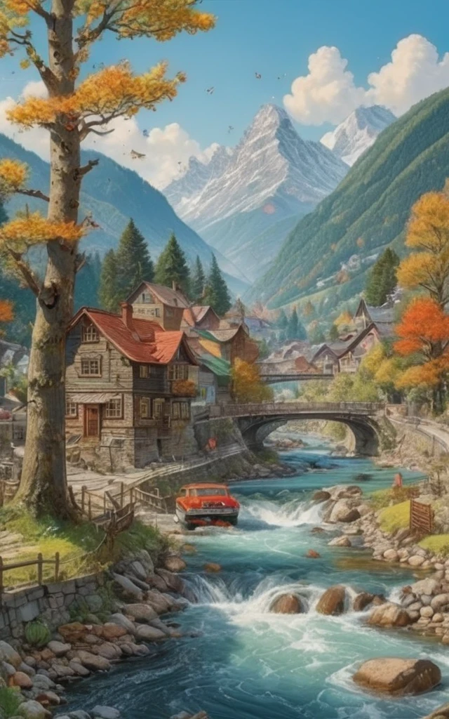 Beautiful river, mountain by Richard Scarry, (best quality, masterpiece, Representative work, official art, Professional, Ultra intricate detailed, 8k:1.3) 