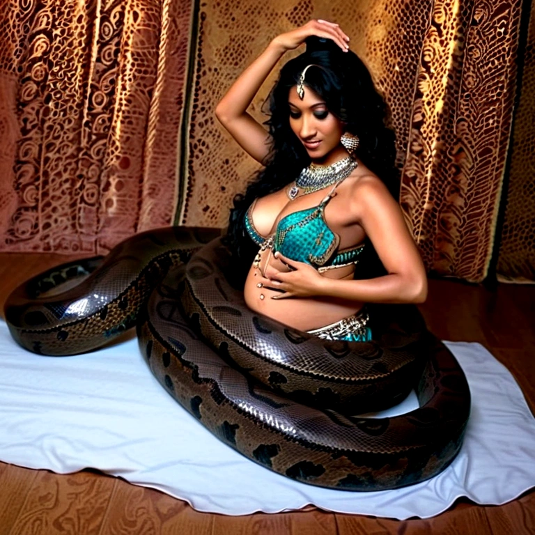 Pregnant Happy Horny, aroused 1girl), beautiful kneeling Indian young belly dancer with giant colossal black titanboa squeezing her hard, wrapped in thick spiraling coils, constricted, struggle, gasping for air, snake attack, snake peril, moonless night, dim light