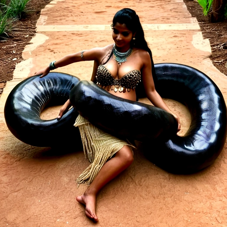  Pregnant Happy Horny, aroused 1girl), beautiful kneeling Indian  belly dancer  with  giant colossal black titanboa squeezing her hard, wrapped in thick spiraling coils, constricted, struggle, gasping for air, snake attack, snake peril, moonless night, dim light