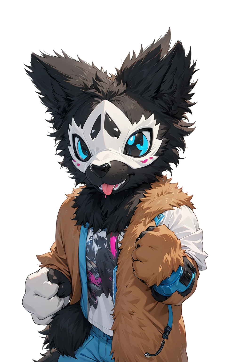 Black hair, Dark Skin, White Mask ,furry,make a fist, Pink tongue, Black nose, Black broken corner, fur garment, fur garment!!!!, hairy character, Full body mascot, hyena, SFW, macro hairy, hairy fursona, hairy, the hairy fur garment is running, Anthropomorphic coyote male, An anthropomorphic cyberpunk fox, hairy mawshot, hairy furaffinity, 8K, super detail, uhd, masterpiece, anatomically correct, ccurate, super detail, high details, high quality, best quality, highres, 16K