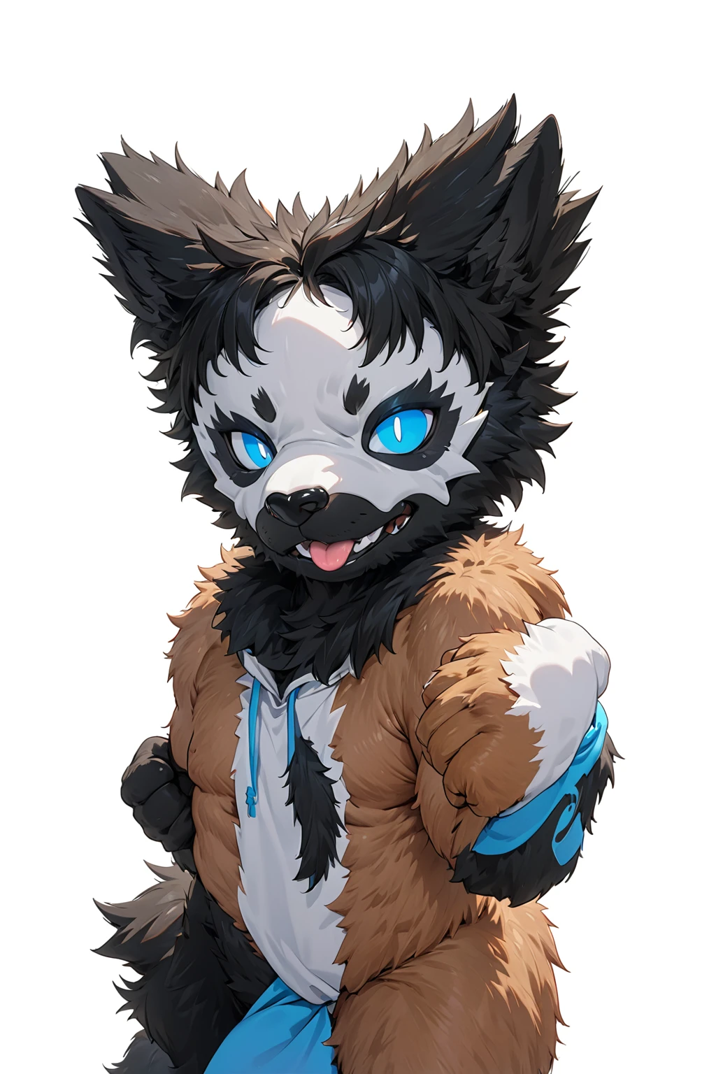 Black hair, Dark Skin, White Mask ,furry,make a fist, Pink tongue, Black nose, Black broken corner, fur garment, fur garment!!!!, hairy character, Full body mascot, hyena, SFW, macro hairy, hairy fursona, hairy, the hairy fur garment is running, Anthropomorphic coyote male, An anthropomorphic cyberpunk fox, hairy mawshot, hairy furaffinity, 8K, super detail, uhd, masterpiece, anatomically correct, ccurate, super detail, high details, high quality, best quality, highres, 16K