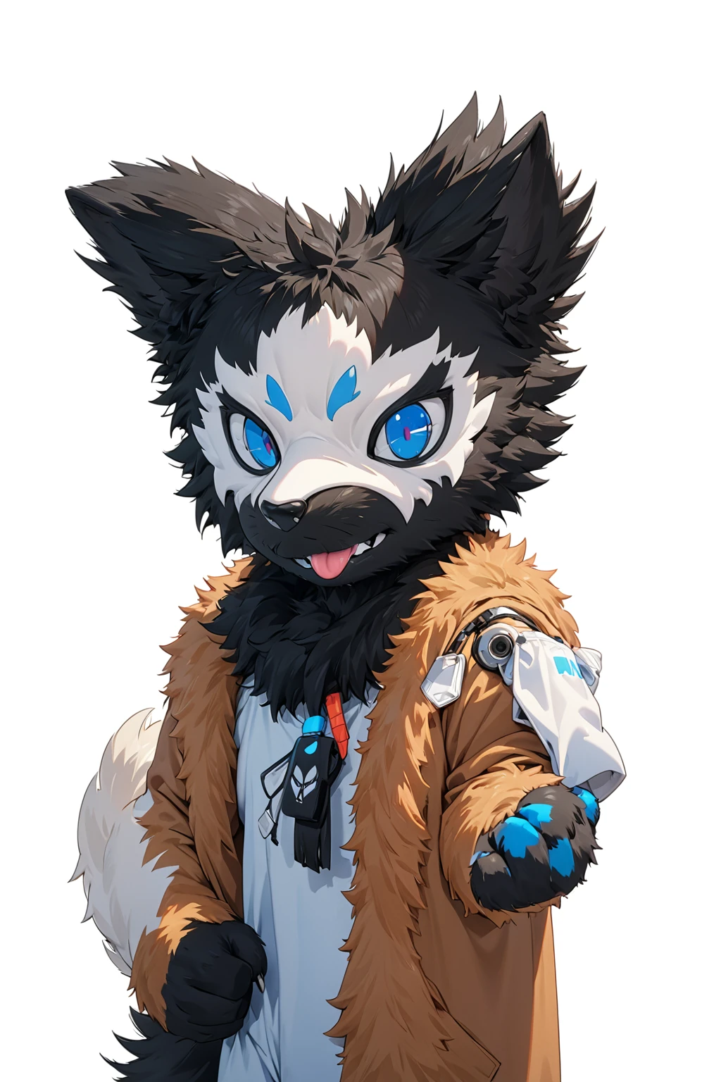 Black hair, Dark Skin, White Mask ,furry,make a fist, Pink tongue, Black nose, Black broken corner, fur garment, fur garment!!!!, hairy character, Full body mascot, hyena, SFW, macro hairy, hairy fursona, hairy, the hairy fur garment is running, Anthropomorphic coyote male, An anthropomorphic cyberpunk fox, hairy mawshot, hairy furaffinity, 8K, super detail, uhd, masterpiece, anatomically correct, ccurate, super detail, high details, high quality, best quality, highres, 16K