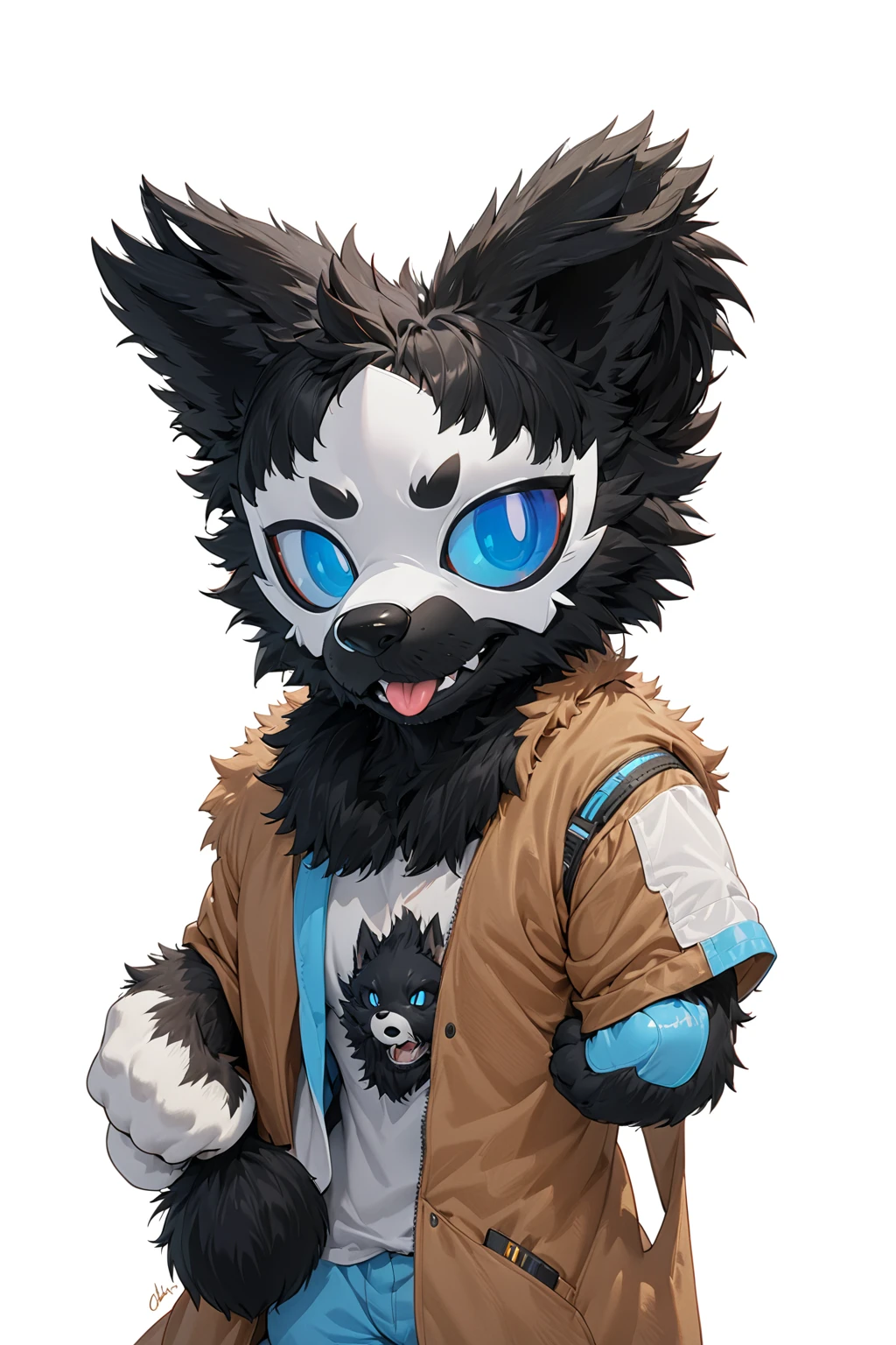 Black hair, Dark Skin, White Mask ,furry,make a fist, Pink tongue, Black nose, Black broken corner, fur garment, fur garment!!!!, hairy character, Full body mascot, hyena, SFW, macro hairy, hairy fursona, hairy, the hairy fur garment is running, Anthropomorphic coyote male, An anthropomorphic cyberpunk fox, hairy mawshot, hairy furaffinity, 8K, super detail, uhd, masterpiece, anatomically correct, ccurate, super detail, high details, high quality, best quality, highres, 16K