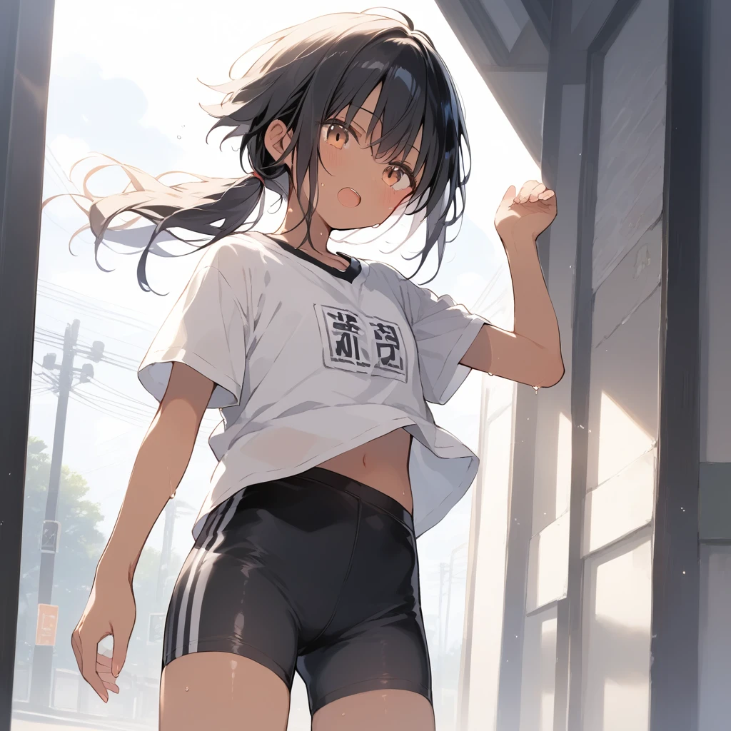 score_9, score_8_up, score_7_up, source_anime, best quality, masterpiece, official art, absurdres, highres, ultra-detailed,waifu2x,Collection: Slice of Life,break,1girl, tomboy, dark-skinned female, short hair, low ponytail, flat chest, beautiful detailed eyes, track suit, bike shorts, sweat, open mouth, (yawn:0.3), sleepily, outdoors, wind, break,(clear line illustration:1.2),very high resolution, very aesthetic, super detailed skin, Best sexual lighting powered by famous artist, 8k,cute picture,beauty illustration,photoshop_(medium),,(Detailed Lighting),best anime 8k konachan wallpaper, pixiv contest winner,