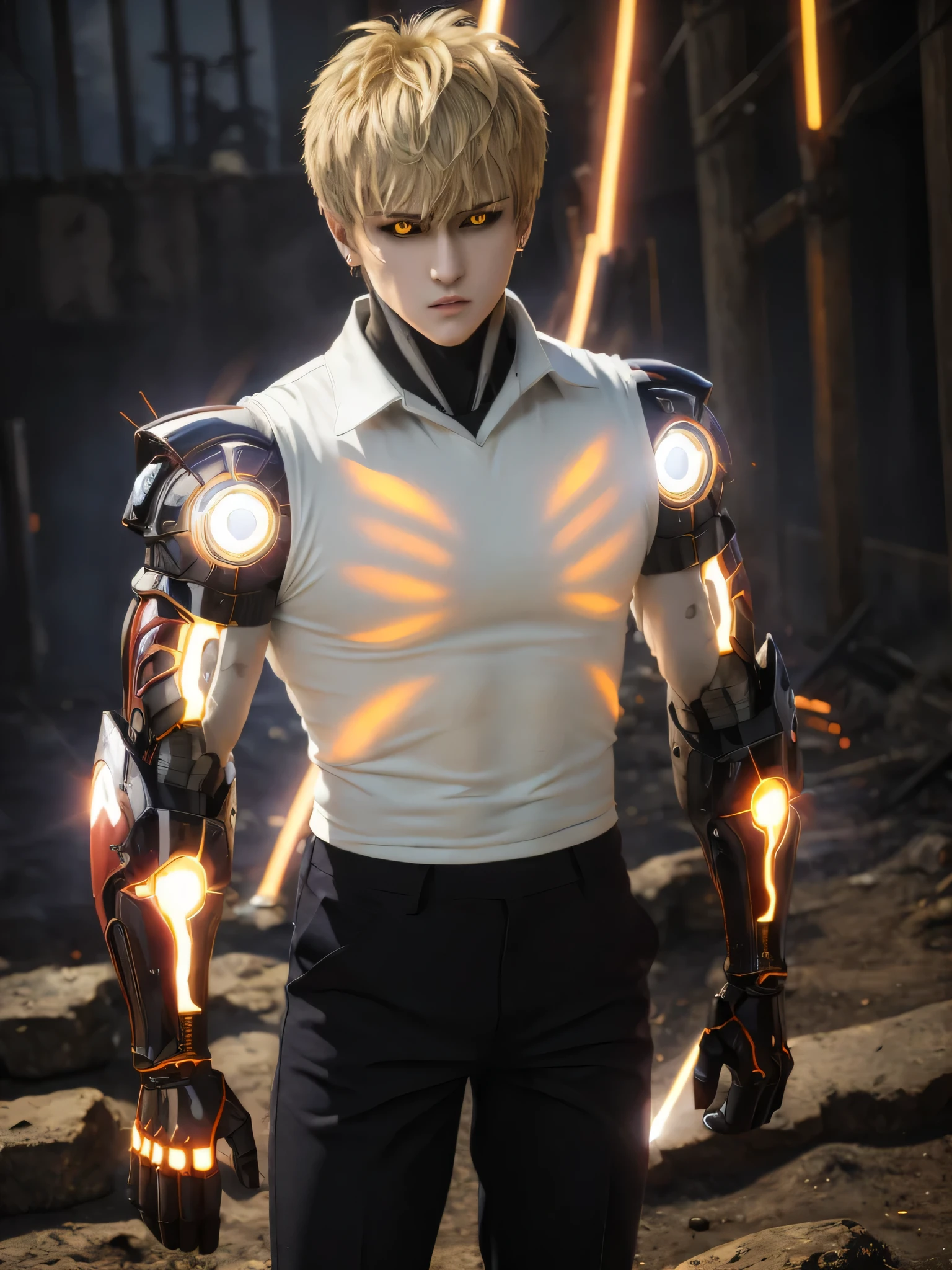 (masterpiece, best quality:1.4), colorful, high contrast, genos white shirt, sleeveless, black pants, mechanical arms, glowing, glowing eyes, glowing hand, standing, fighting stance