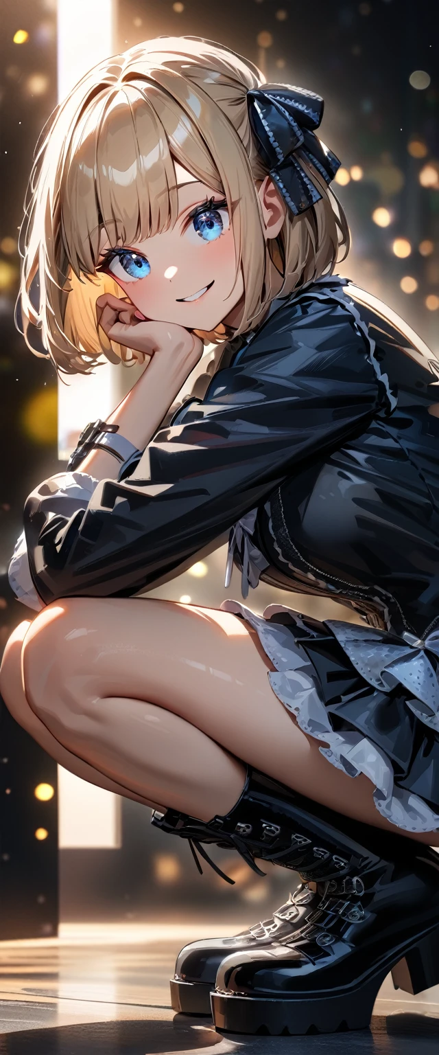 (((One girl))), Shibuya, streat, blond hair, bob cut, (looking at viewer), (((full body))), squatting, head rest, , teenagetilt:1.3, (((blue eye))), constricted pupils, (from side:1.3), ((happy smile)), (((gothic lolita:1.3))), dress, bare legs, black platform boots, hair ornament, hair ribbon, anime style, (best quality, 4k, 8k, highres, masterpiece:1.2, ultra-detailed, ultra-detailed eyes, HDR, UHD, studio lighting, ultra-fine painting, sharp focus, physically-based rendering, extreme detail description, professional, vivid colors, bokeh)
