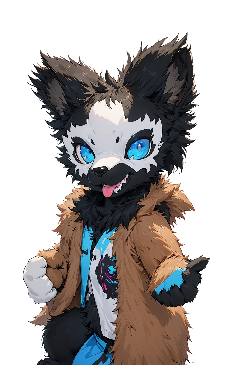 Black hair, Dark Skin, White Mask ,furry,make a fist, Pink tongue, Black nose, Black broken corner, fur garment, fur garment!!!!, hairy character, Full body mascot, hyena, SFW, macro hairy, hairy fursona, hairy, the hairy fur garment is running, Anthropomorphic coyote male, An anthropomorphic cyberpunk fox, hairy mawshot, hairy furaffinity, 8K, super detail, uhd, masterpiece, anatomically correct, ccurate, super detail, high details, high quality, best quality, highres, 16K