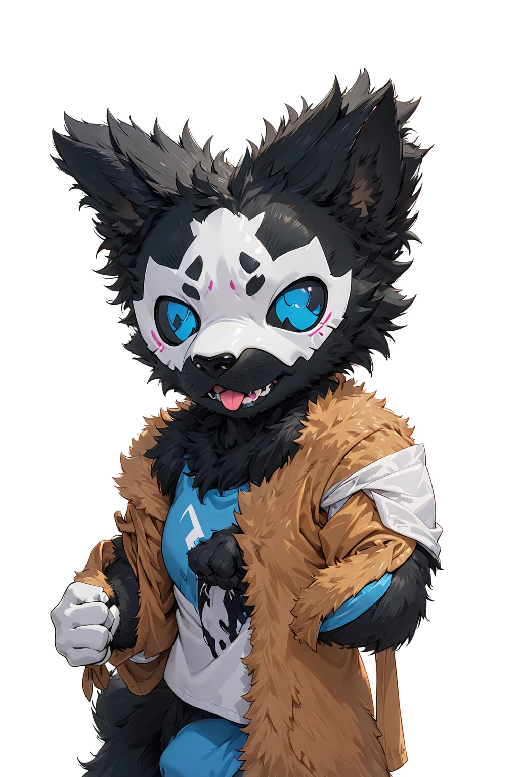 Black hair, Dark Skin, White Mask ,furry,make a fist, Pink tongue, Black nose, Black broken corner, fur garment, fur garment!!!!, hairy character, Full body mascot, hyena, SFW, macro hairy, hairy fursona, hairy, the hairy fur garment is running, Anthropomorphic coyote male, An anthropomorphic cyberpunk fox, hairy mawshot, hairy furaffinity, 8K, super detail, uhd, masterpiece, anatomically correct, ccurate, super detail, high details, high quality, best quality, highres, 16K