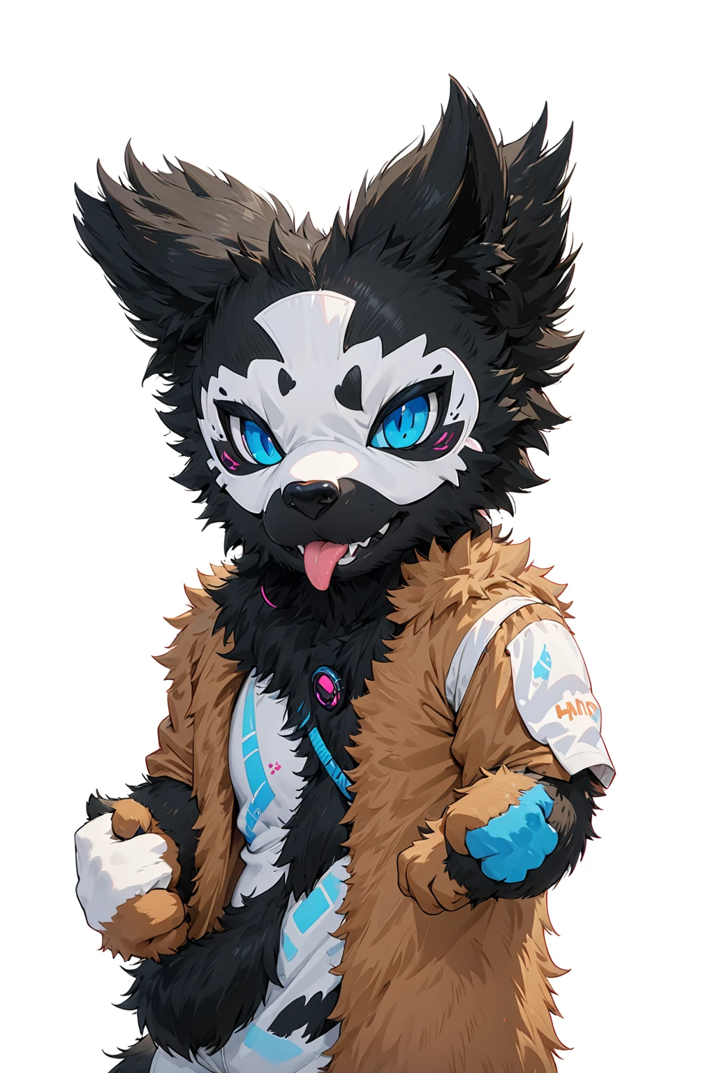 Black hair, Dark Skin, White Mask ,furry,make a fist, Pink tongue, Black nose, Black broken corner, fur garment, fur garment!!!!, hairy character, Full body mascot, hyena, SFW, macro hairy, hairy fursona, hairy, the hairy fur garment is running, Anthropomorphic coyote male, An anthropomorphic cyberpunk fox, hairy mawshot, hairy furaffinity, 8K, super detail, uhd, masterpiece, anatomically correct, ccurate, super detail, high details, high quality, best quality, highres, 16K