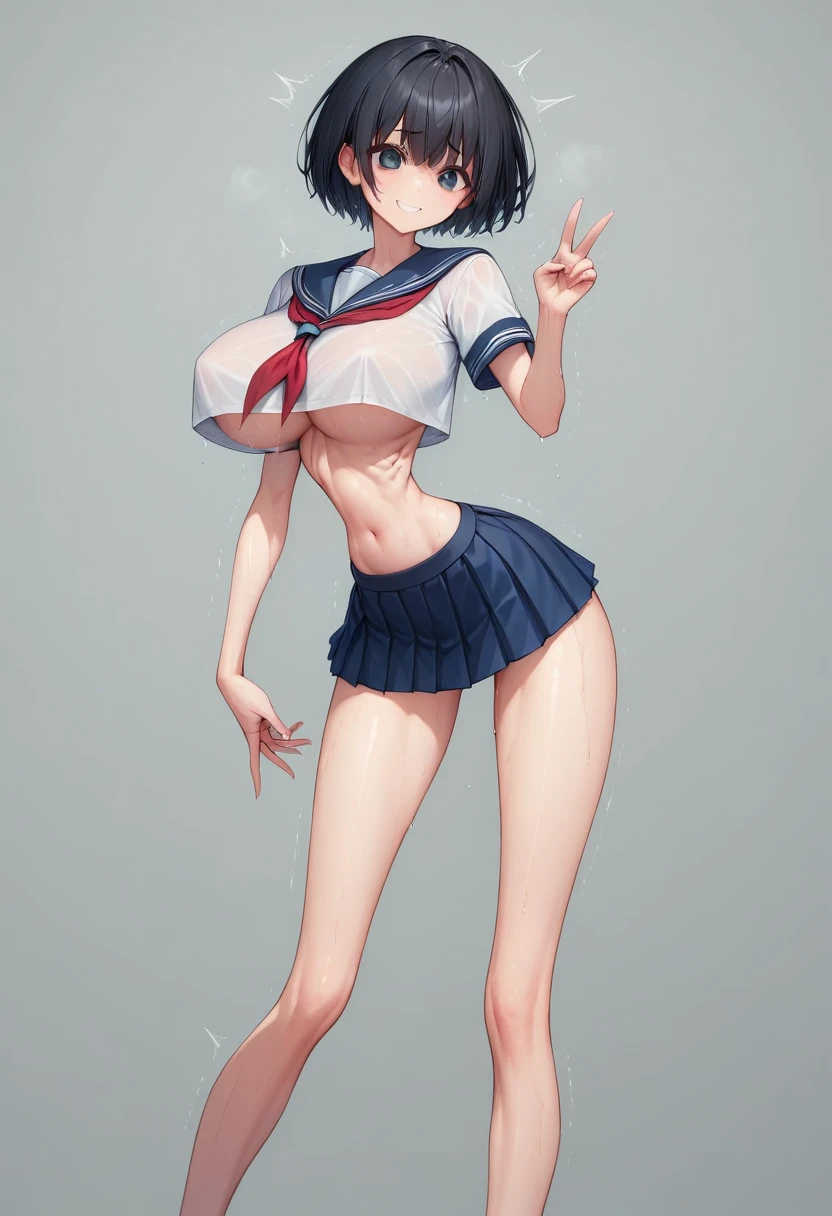 (masterpiece, best quality:1.2), front shot, beautiful 1girl, (super big breasts, micro waist, very long legs:1.3), Black hair, short bob hair, short height, scrawny and thin body, Light Skin, cute big eyes, cute beautiful thin face, forced smile, serafuku, mini skirt, pigeon-toed, (Arched back), wet and sweaty, visible ribs, Long and thin navel, V sign, Trembling