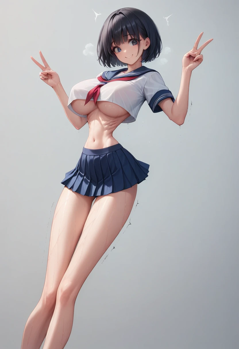 (masterpiece, best quality:1.2), front shot, beautiful 1girl, (super big breasts, micro waist, very long legs:1.3), Black hair, short bob hair, short height, scrawny and thin body, Light Skin, cute big eyes, cute beautiful thin face, forced smile, serafuku, mini skirt, pigeon-toed, (Arched back), wet and sweaty, visible ribs, Long and thin navel, V sign, Trembling
