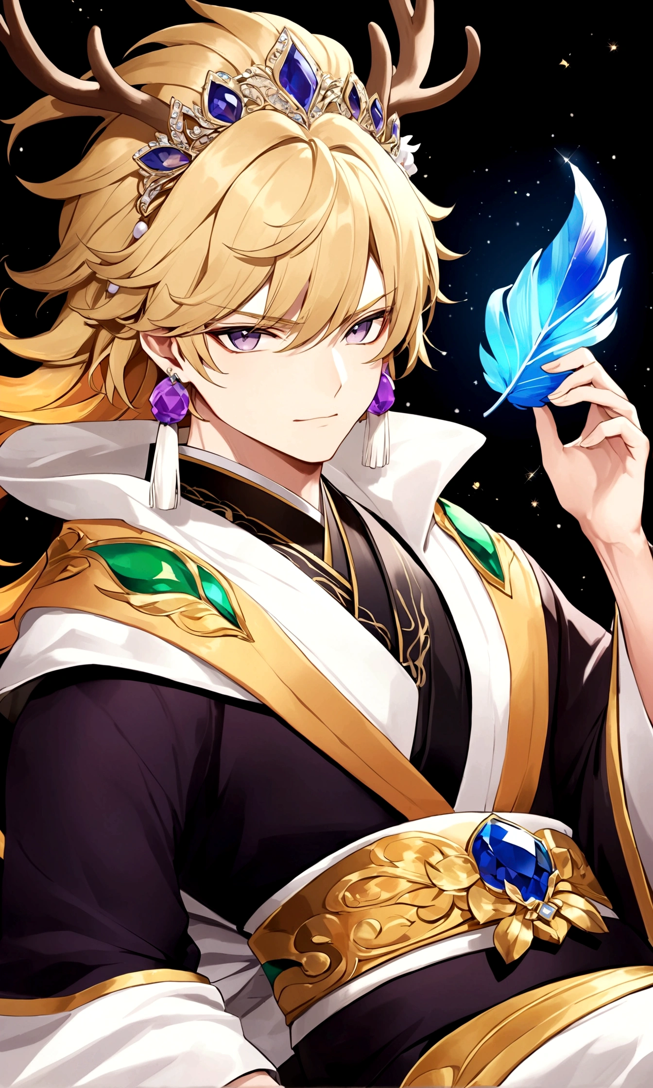 individual，Beautiful painting style，handsome guy，Curly hair，Blue Hair，Soft hair，Beautiful and dignified appearance，Contempt，Positive face，The red color seems to contain the eyes of the starry sky，，Three-dimensional facial features，Peerless face，Exquisite and gorgeous，illustration，night，，，Diamond-set gemstones have a delicate pattern，Diamond items，Gem items，Jewel headdress，Gorgeous earrings in blue gemstone metal，帝国magic师，sacred，Inviolability，，Looking down on the world， majesty，magic，A gorgeous kimono with cyan inlaid gemstones，， crystal华丽饰品，Gem items，Pearl tassels，ribbon，， Exquisite hairstyle，Royal sister，Dressed in green，Fawn antlers，Birch forest，crystal，crystal，，White lilies bloom，Long eyelashes，，Feather hair accessories，Coral hair accessories，Sitting on a stone，Soft Light，Clothes are conservative，Not exposed，feathered shawl， A kimono with exquisite patterns of the royal family，snow，The clothes are embellished with peacock feather patterns，man，handsome guy，muscle，hansome，emperor