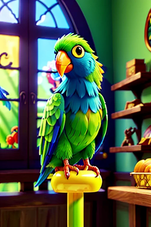 cartoon green parrot, on perch eats lollipop, bakery interior, featured parrot, ornate decorations, bright, unlit scene, sunlight streaming through windows, detailed feathers, vibrant colors, 4k, detailed, professional, vivid colors, Disney children's movie scene