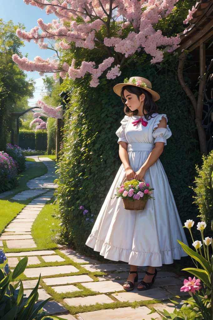 (1girl:1.5),garden,monet,impressionist,flower,garden,grass,stone step road,flowerpot,birch,maid,[doctor] cat's ear,up close,holding a flower basket,rich gradient,extreme colors,extreme details,clear light perception,