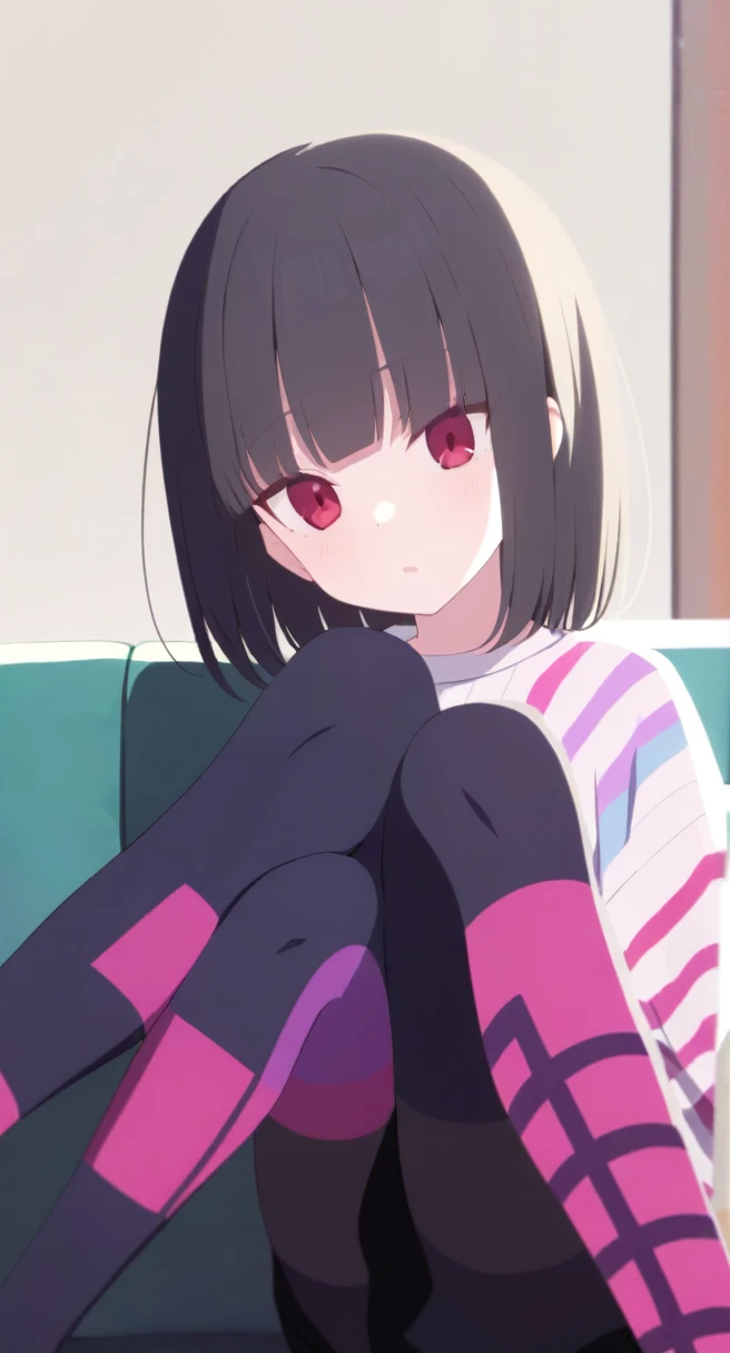 young woman, short straight black hair, square, straight bangs, one white strand of hair, Red eyes, striped sweater, black skirt, Tights, on the couch