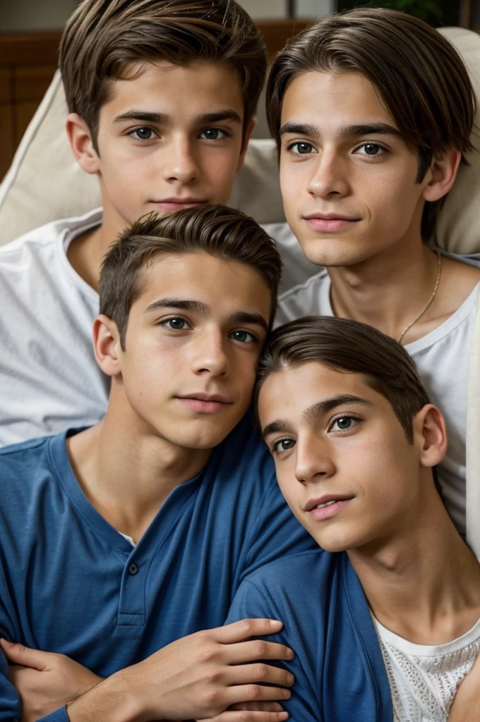 Image Creation Prompt: Adscentes Masculinos (14-16nos
General description:
Portray male teenagers in the age group of 14 16, highlighical characteristics of this stage of life. A imagem deve capturar a diversidade e a vivacidade da juventude, with attention to the details that represent this stage of growth and development.

Physical details:
1. Rostos:
   - Facial features ranging from smooth to more defined.
   - Pele jovem, with possible presence of pimples or signs of puberty.
   - Facial expressions ranging from seriousness to spontaneous smiles.

2. Corpo:
   - Corpo esguio e em crescimento, may have different heights and physical builds.
   - Posturas relaxadas e naturais, typical teenagers.

3. Cabelos:
   - Variedade de estilos de cabelo: curto, average, cacheado, liso, desarrumado, etc.
   - Cores variadas, reflecting ethnic and cultural diversity.

Roupas e Estilo:
- Vestimentas casuais e modernas,