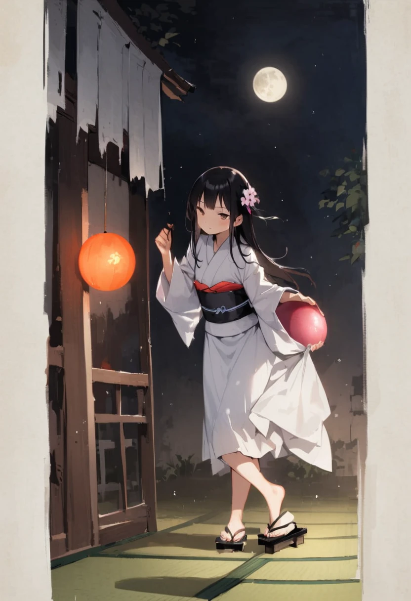 Zashiki-warashi、Japanese style、Shoji screen、tatami、Haunted House、darkness、Late Night、kimono、Bob、Girl、Girl、Younger、Baby Face、flat chest、Black Long Hair、Dynamic Angle、A faint smile、Squinting、ball、Flower Hair Ornaments、Geta or bare feet
