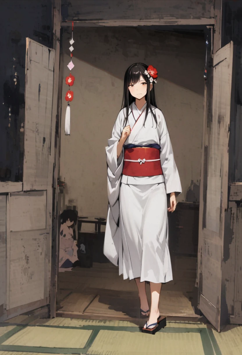 Zashiki-warashi、Japanese style、Shoji screen、tatami、Haunted House、darkness、Late Night、kimono、Bob、Girl、Girl、Younger、Baby Face、flat chest、Black Long Hair、Dynamic Angle、A faint smile、Squinting、ball、Flower Hair Ornaments、Geta or bare feet