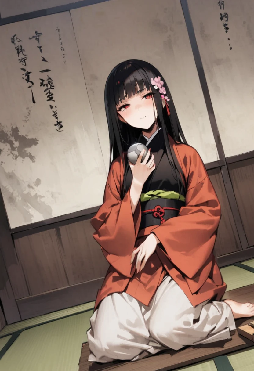 Zashiki-warashi、Japanese style、Shoji screen、tatami、Haunted House、darkness、Late Night、kimono、Bob、Girl、Girl、Younger、Baby Face、flat chest、Black Long Hair、Dynamic Angle、A faint smile、Squinting、ball、Flower Hair Ornaments、Geta or bare feet